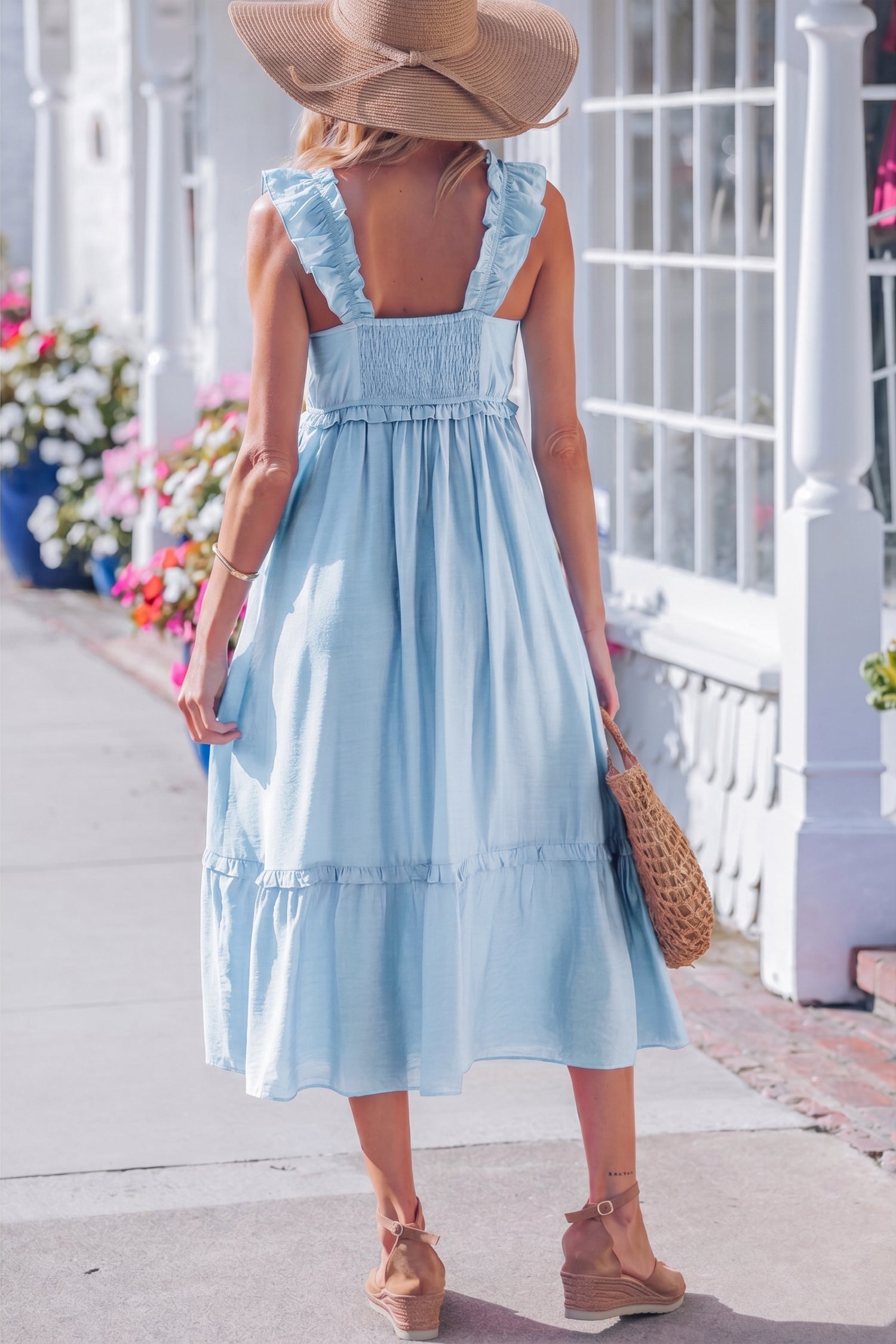 Women's Bonbon Solid Colour Ruffle Trim High Waist Sleeveless Maxi Dress at LivelyLooks