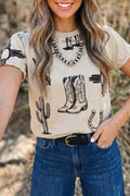Beige Retro Western Print T-Shirt Cowboy Boots Cactus Short Sleeve Women S-XL