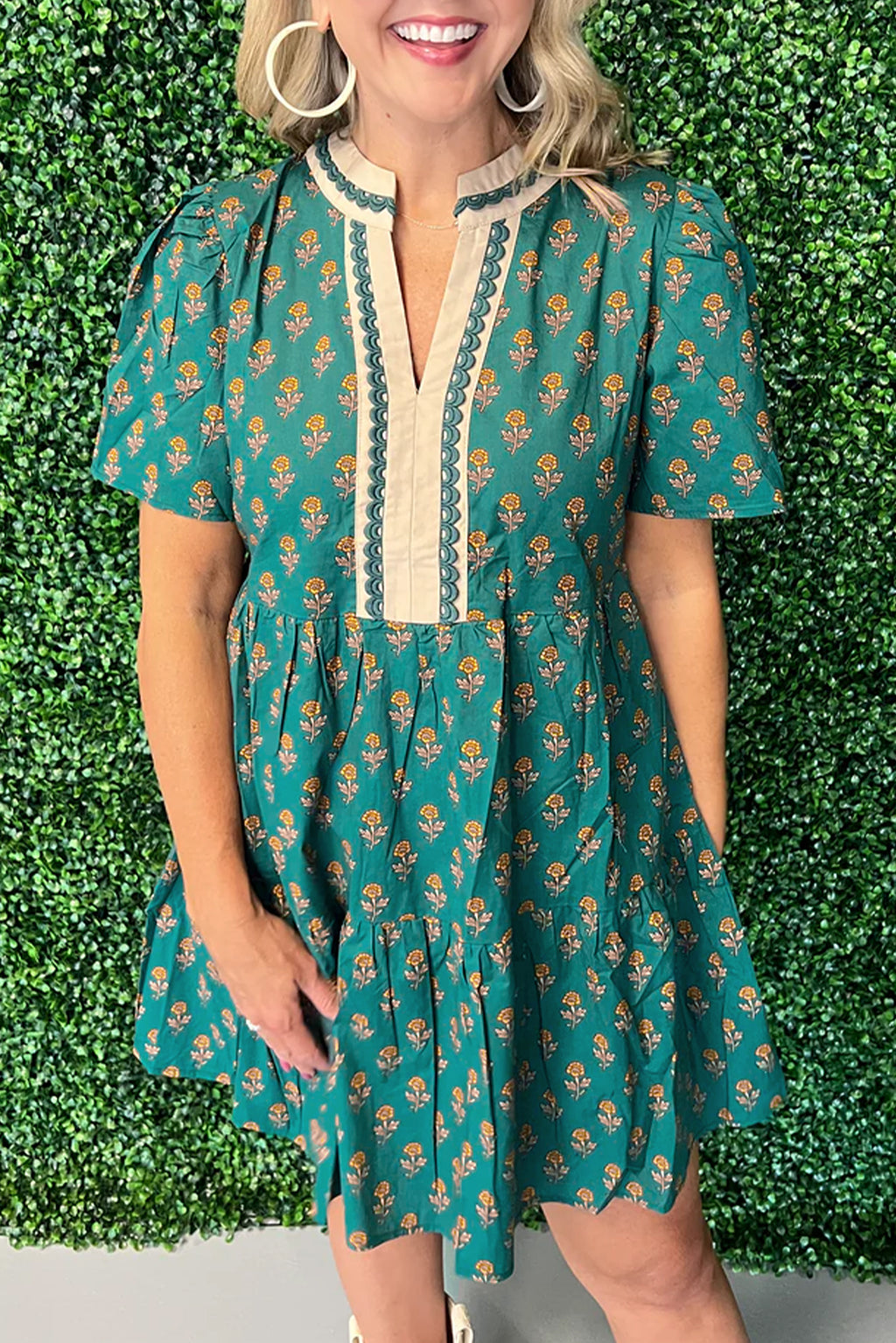 Green Floral Dress Contrast Trim V Neck Short Sleeve Women S-XL