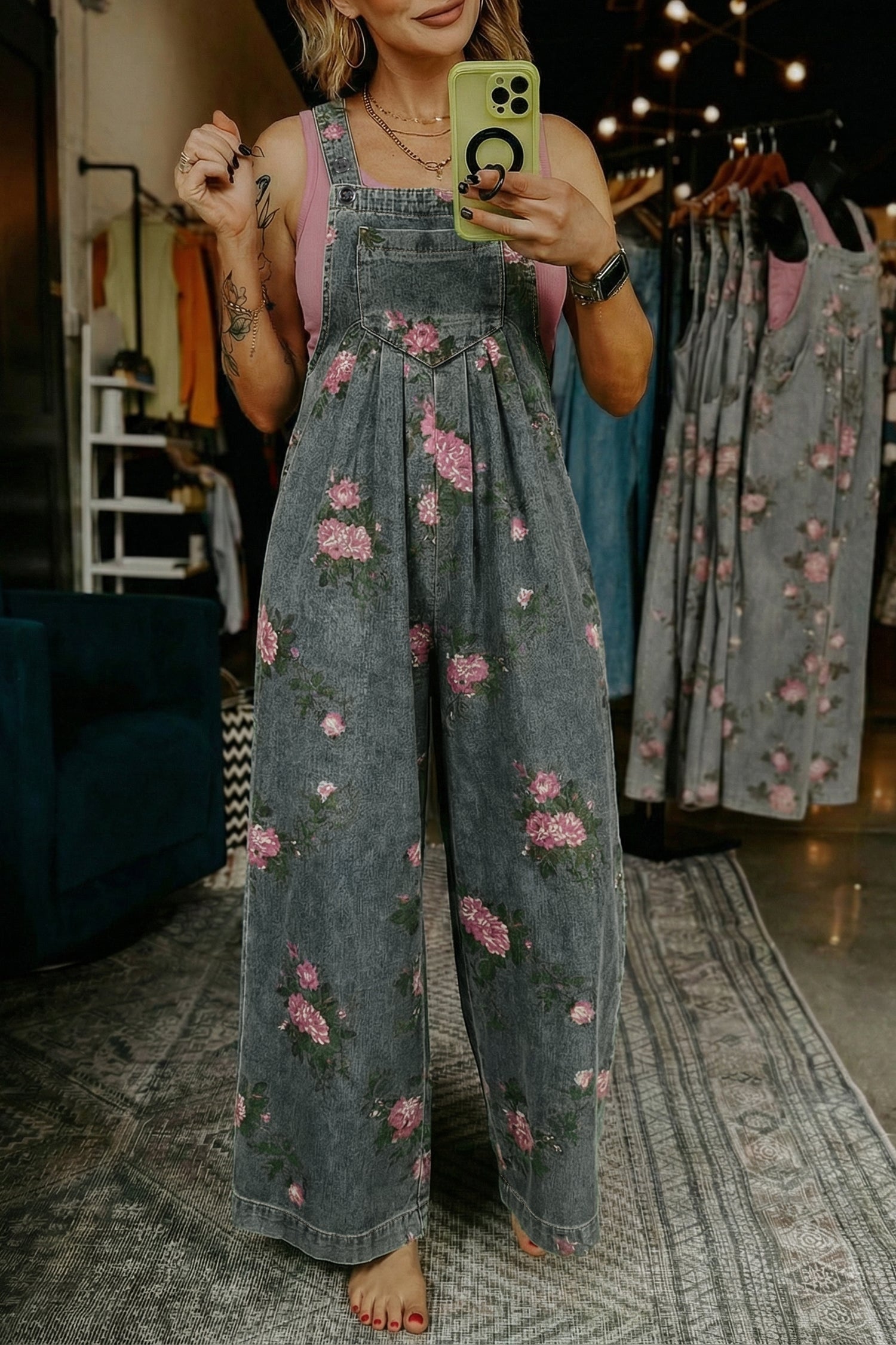 LivelyLooks Floral Print Pleated High Waist Wide Leg Denim Jumpsuit | S-XL women's fashion