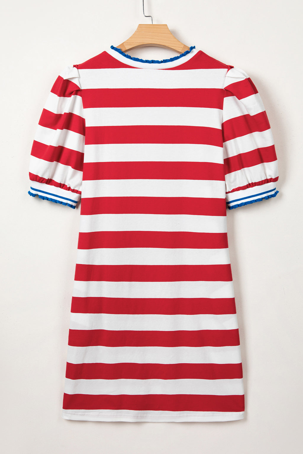 Red Stripe Contrast Trim Round Neck Puff Sleeve Shift Mini Dress S-XL