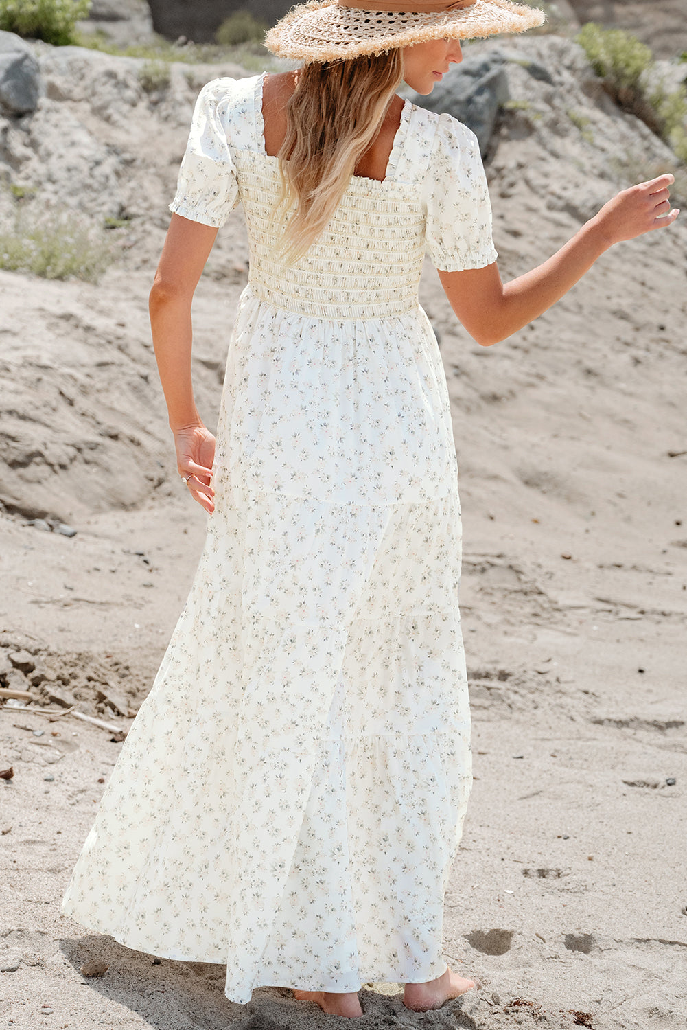 White Frilly Shirred Bodice Tiered Floral Maxi Dress S-2XL