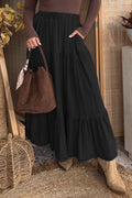 Black Elastic Waist Ruffled Tiered Flared Denim Maxi Skirt | UK 8–22