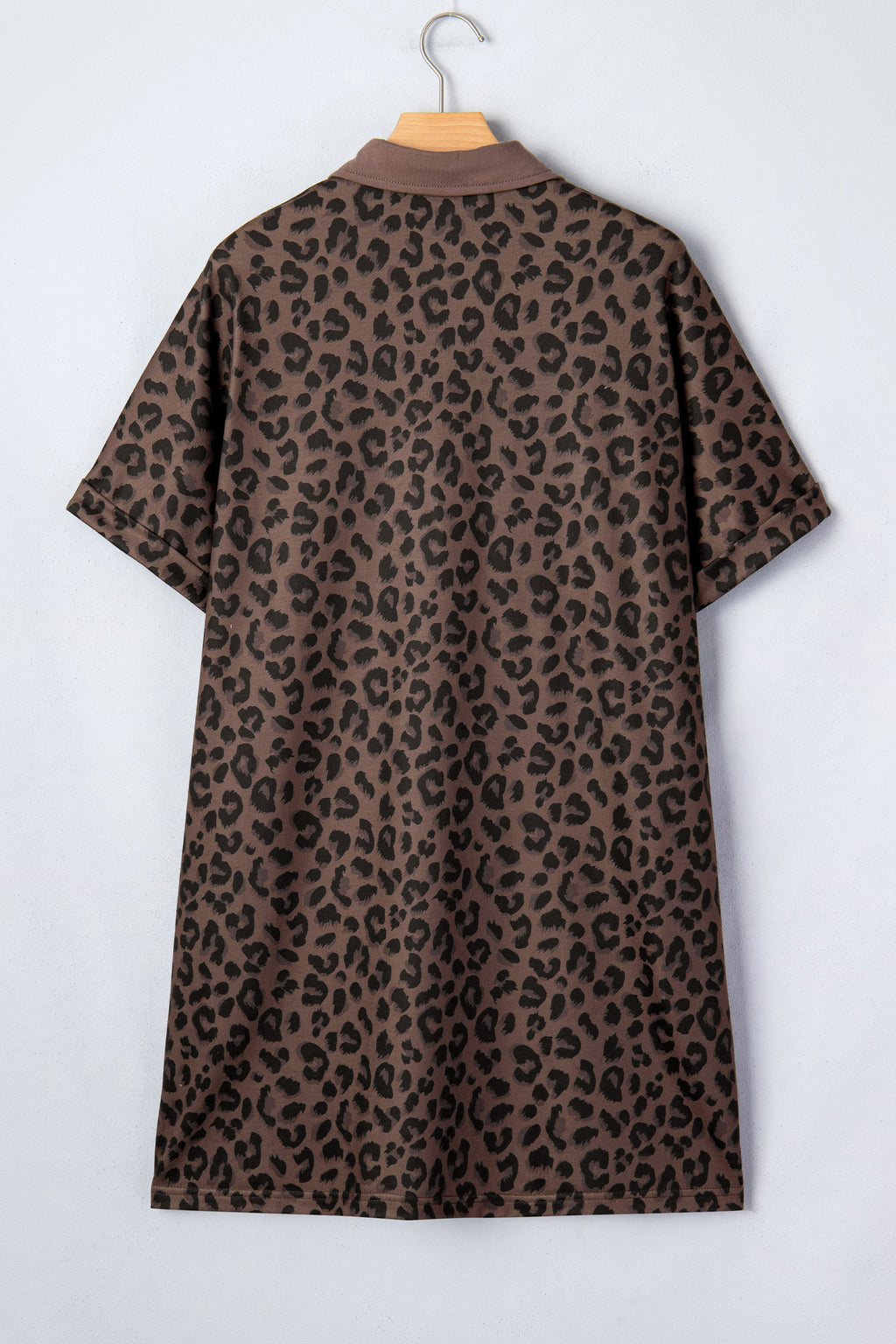 Brown Leopard Print Contrast Collar V Neck Mini Dress S-XL