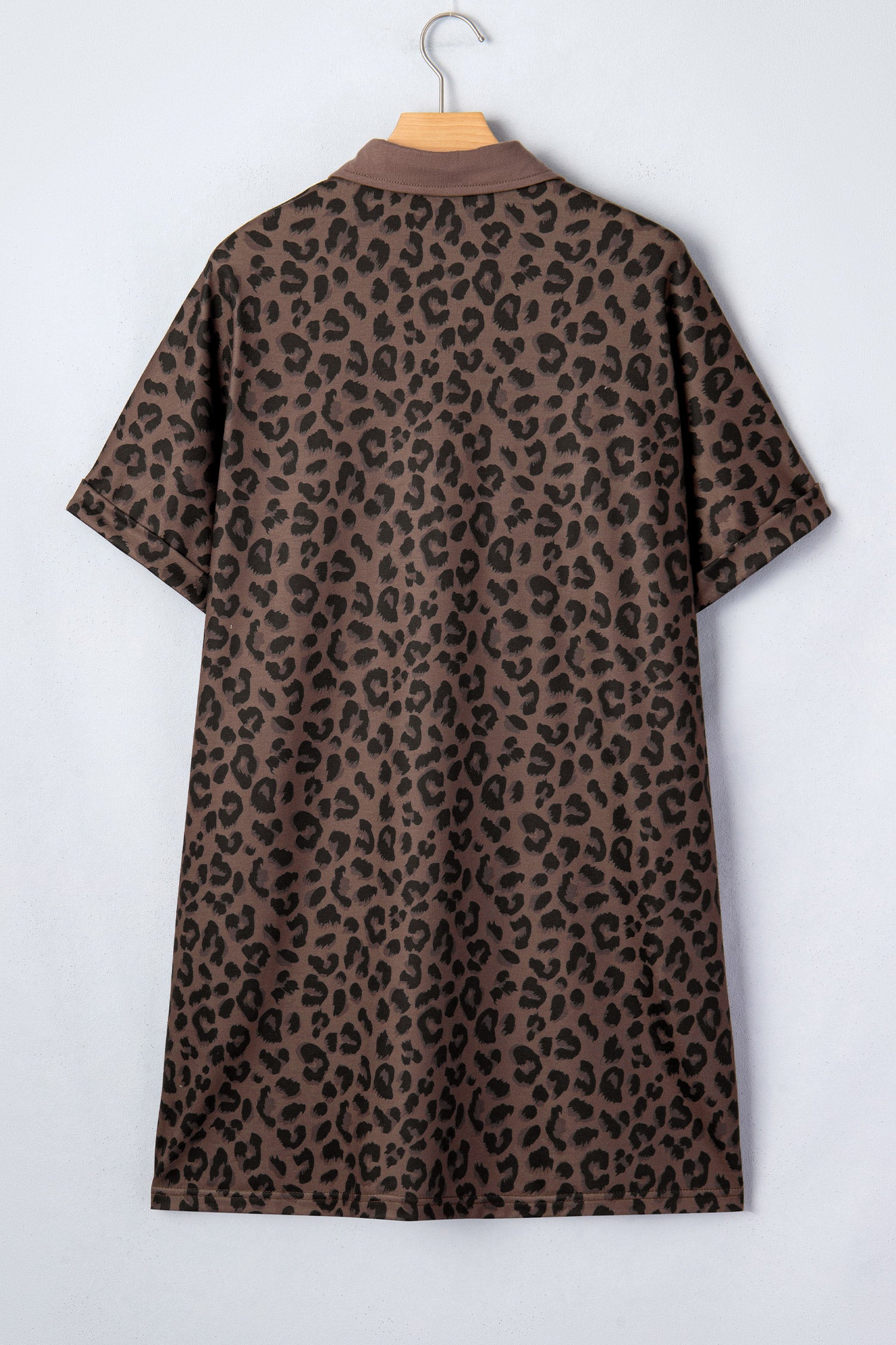 Brown Leopard Print Contrast Collar V Neck Mini Dress S-XL
