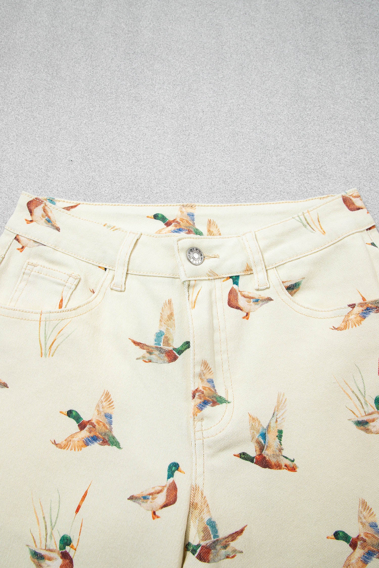 Women's Beige Mallard Print Cuffed Hem Shift Jeans Pockets Elastic UK 4-16 at LivelyLooks