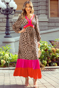 LivelyLooks Brown Leopard Colour Block V-Neck Loose Fit Maxi Dress Animal Print Summer Smock women's fashion