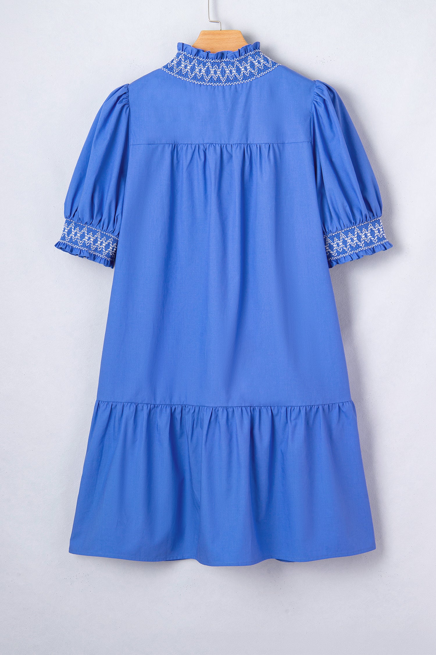 Sky Blue Embroidered Smocked Mini Dress V Neck Short Puff Sleeve Women S-XL