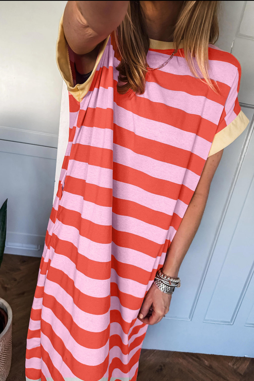 Rose & Orange Stripe Cuffed Short Sleeve Pocketed T-Shirt Maxi Dress | UK 8–22