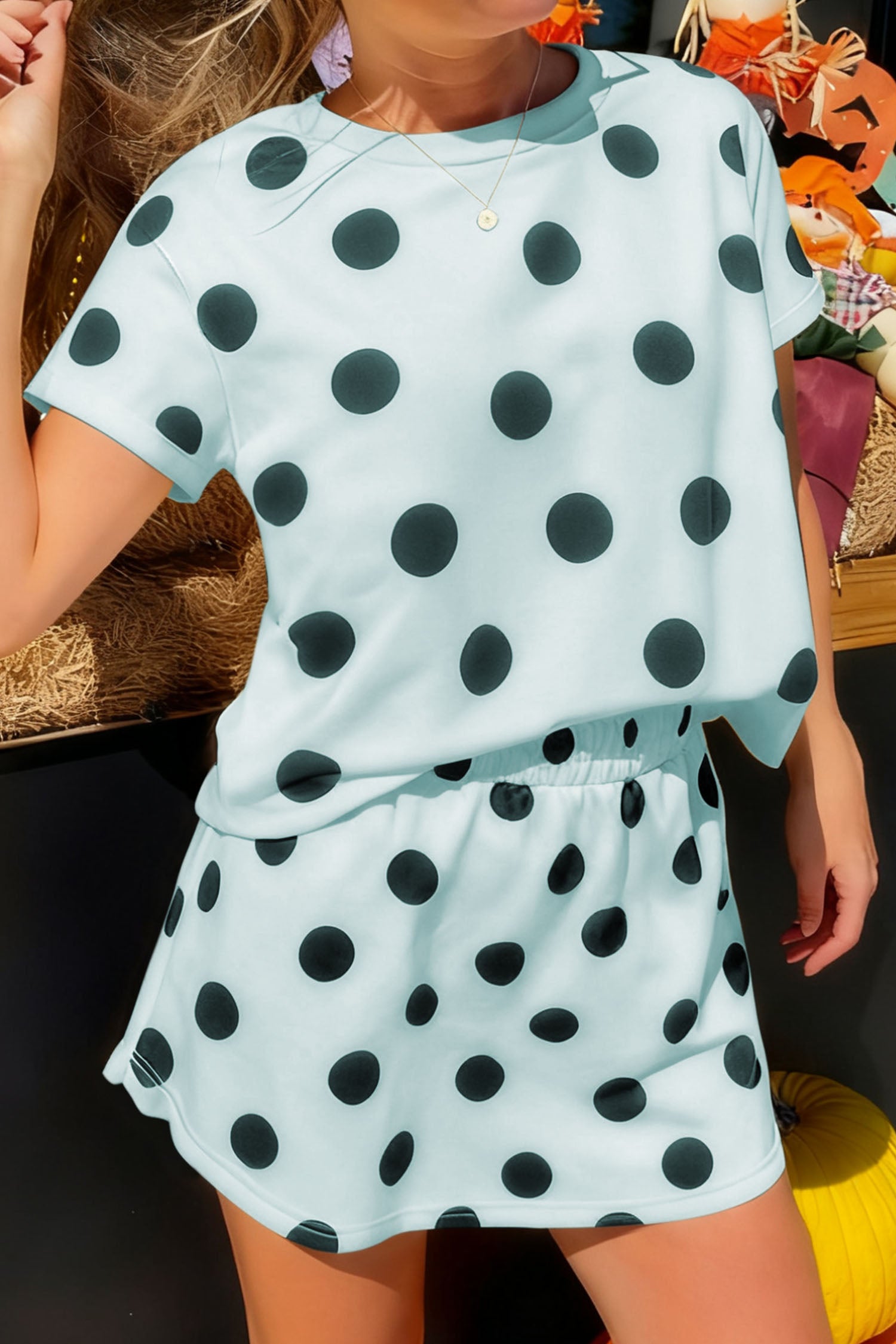 Polka Dot Short Sleeve Top & Casual Skort 2pcs Outfit | White, Pink & Sky Blue