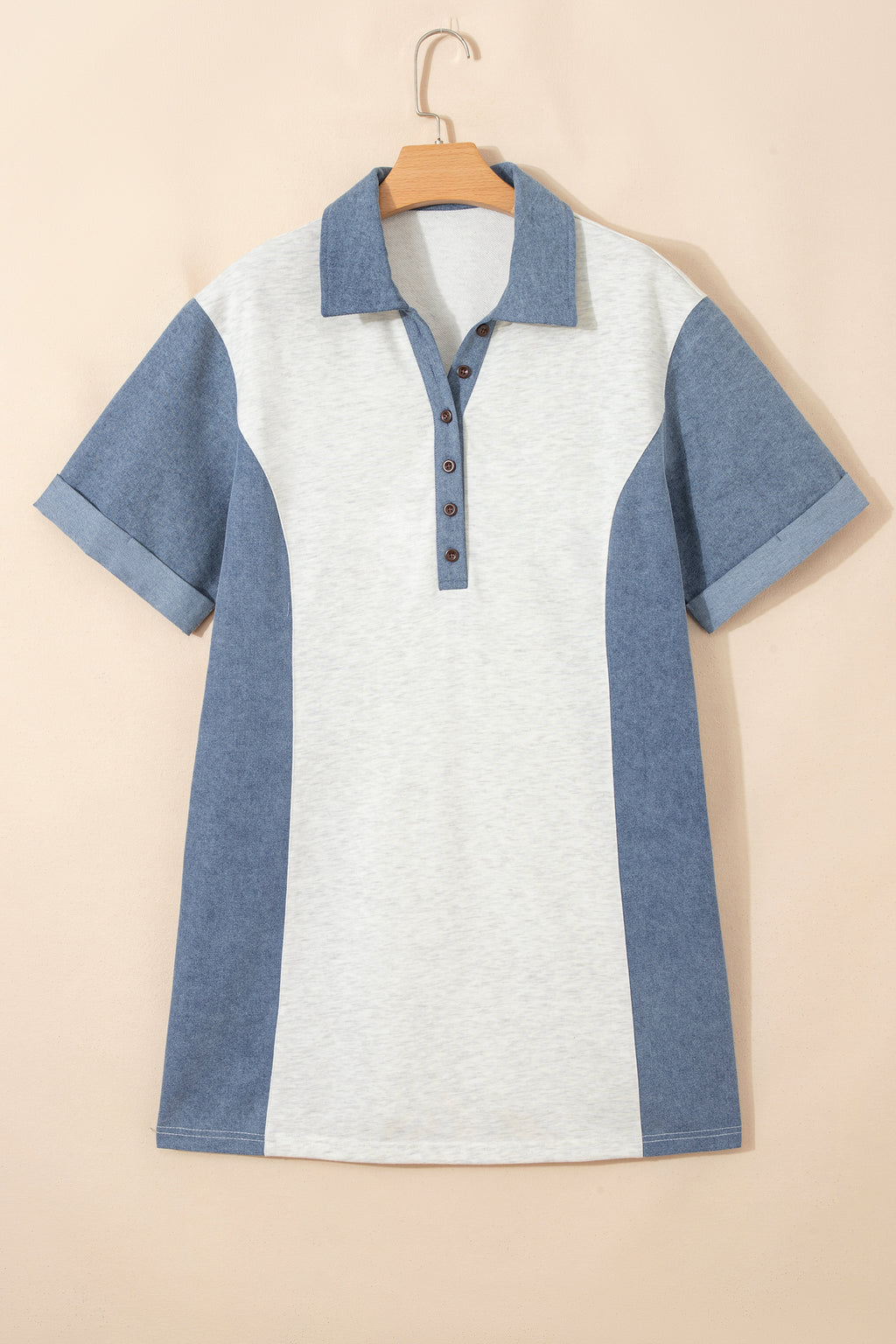 Light Grey Denim Colour Block Polo Collar T-Shirt Tunic Dress S-XL