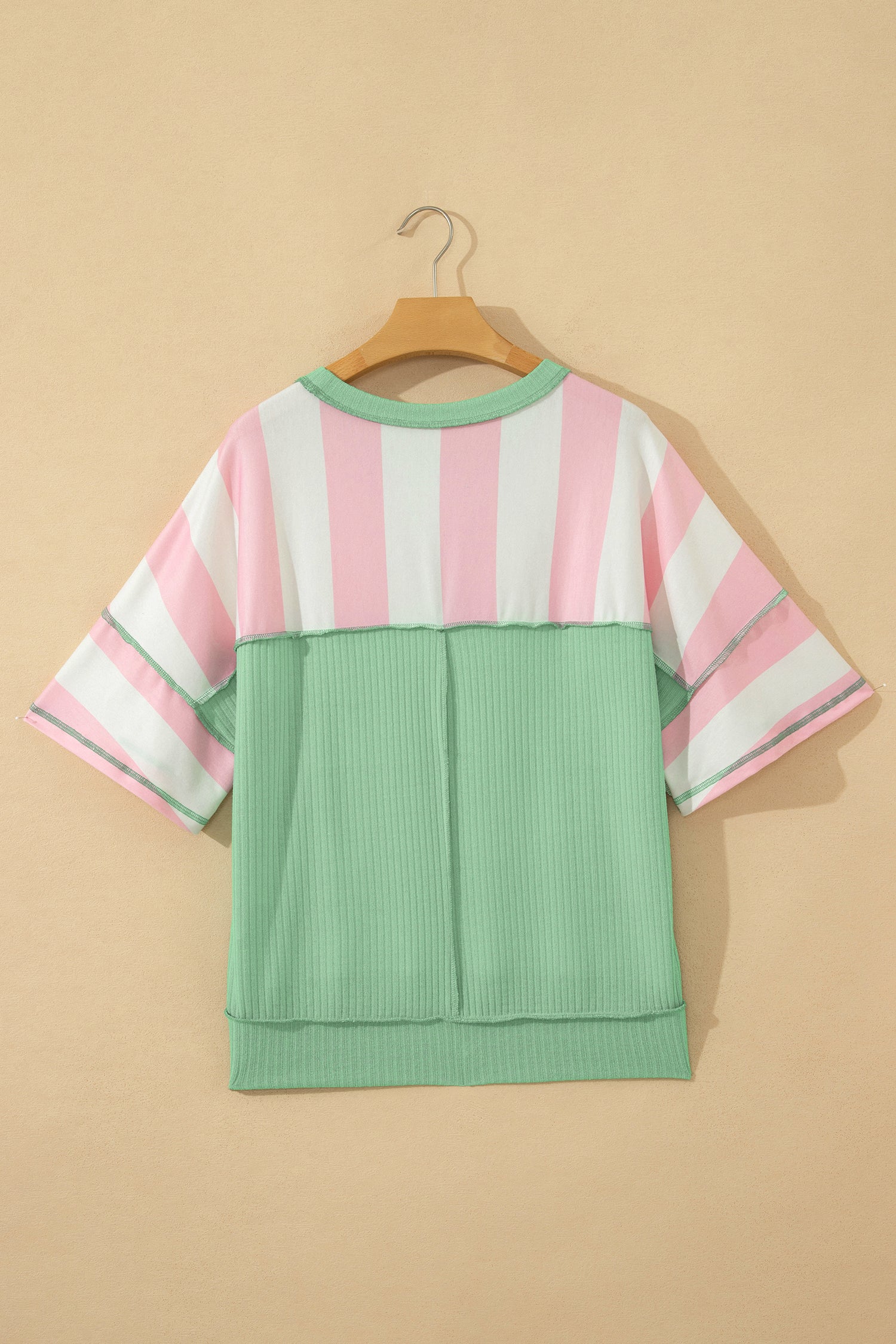 Stripe Colourblock Ribbed Patchwork Exposed Seam Oversized Tee | Pink & Green