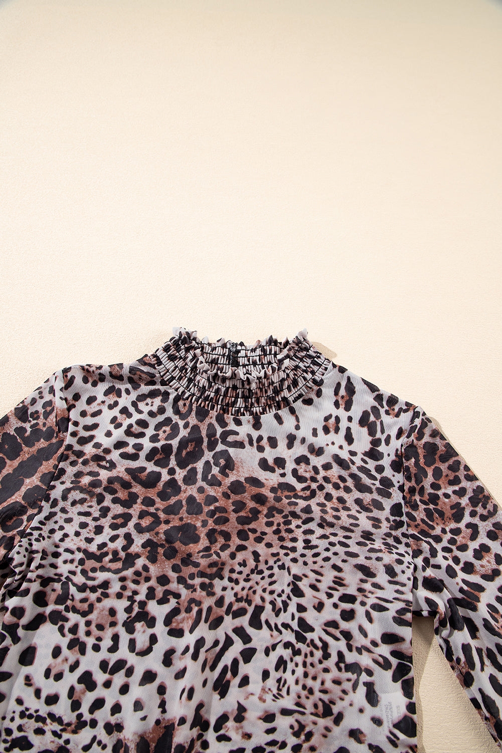 Brown Leopard Print Bodysuit Smocked Neck Mesh Long Sleeve Women S-XL