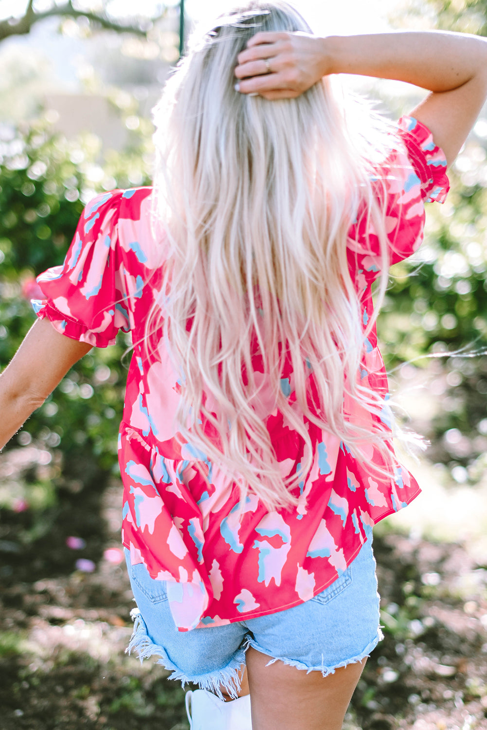 LivelyLooks Pink Abstract Print Smocked Puff Sleeve V Neck Blouse Summer Boho Holiday Top women's fashion
