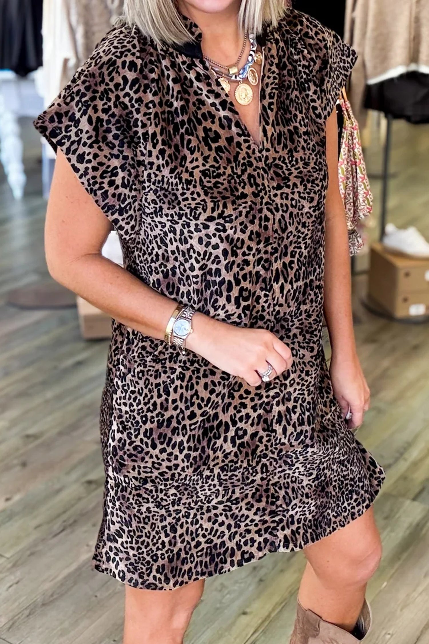 Brown Leopard Print Short Sleeve Mini Shift Dress S-XL