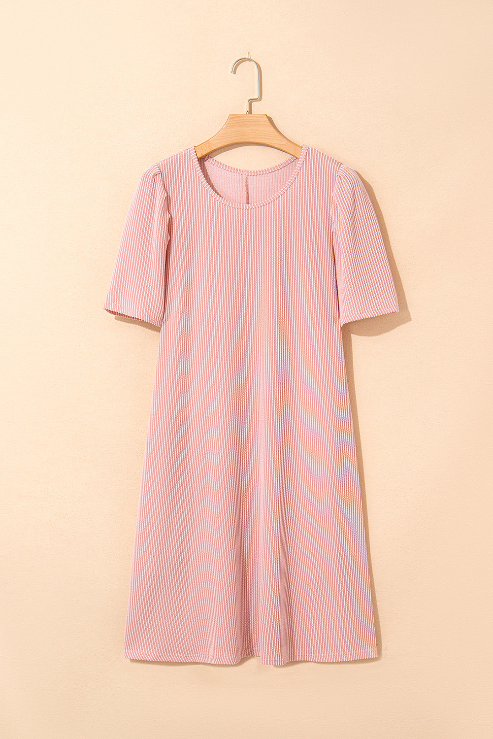 Corded Knit Crew Neck Puff Sleeve Shift Mini Dress S-XL