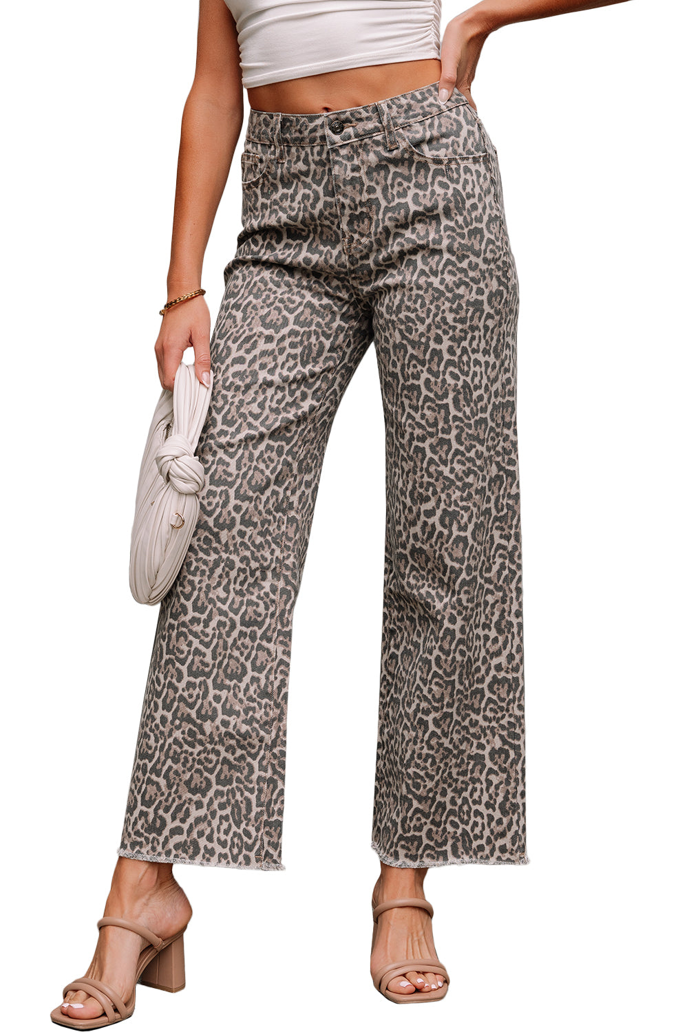 Women's Leopard Print Wide Leg High Waist Jeans | Brown, Grey, Blue & Pink at LivelyLooks
