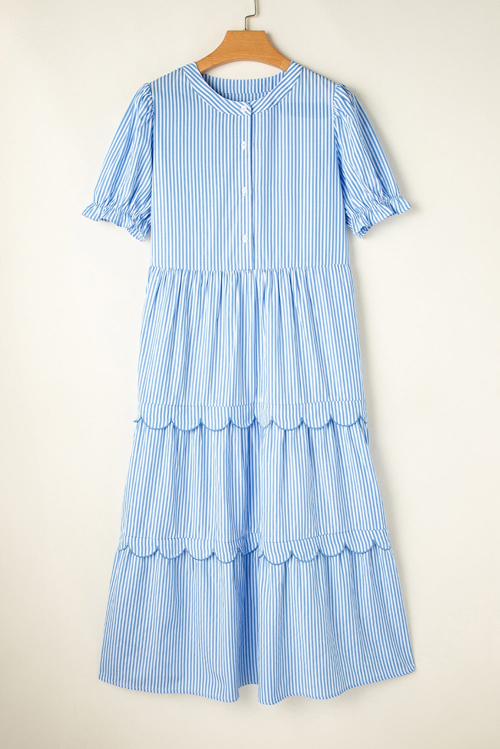 LivelyLooks Women's Blue Stripe Bubble Sleeve Tiered Scallop Maxi Dress S-XL women's fashion