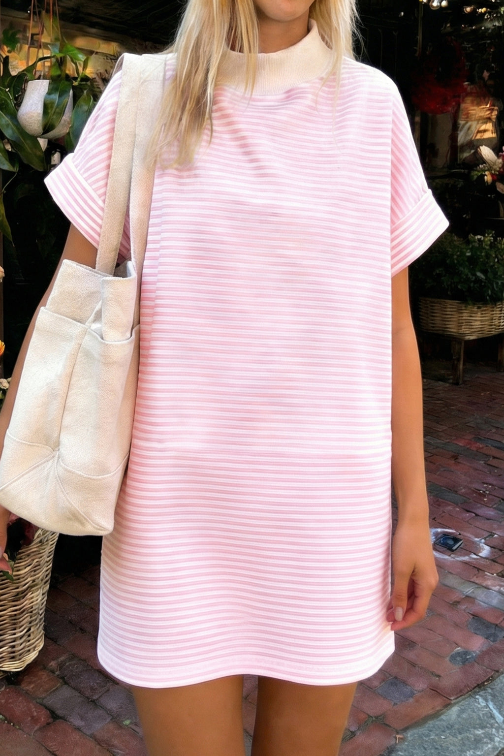 Pink Stripe Cuffed Short Sleeve Contrast Mock Neck Tee Dress S-XL