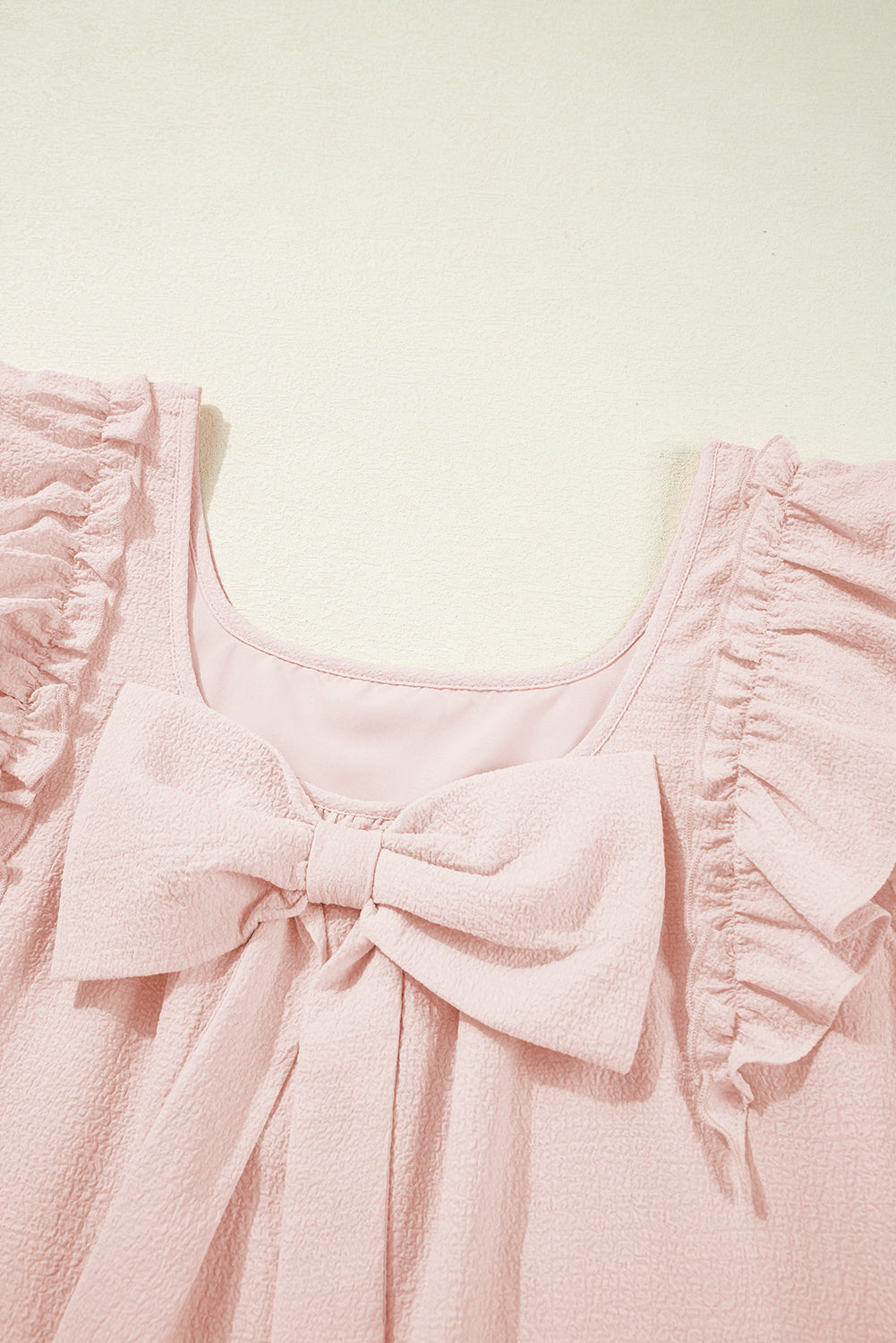 Light Pink Textured Flutter Sleeve Square Neck Bow Back Mini Dress S-XL