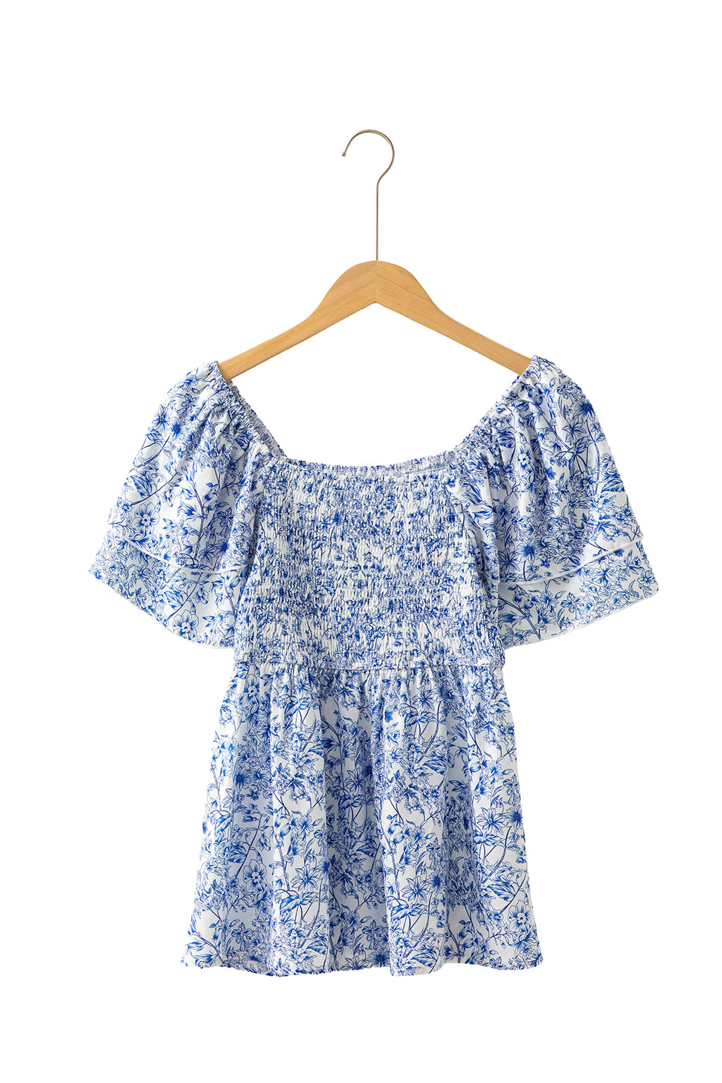 Sky Blue Floral Babydoll Blouse Square Neck Ruffled Sleeve Shirred Women S-XL