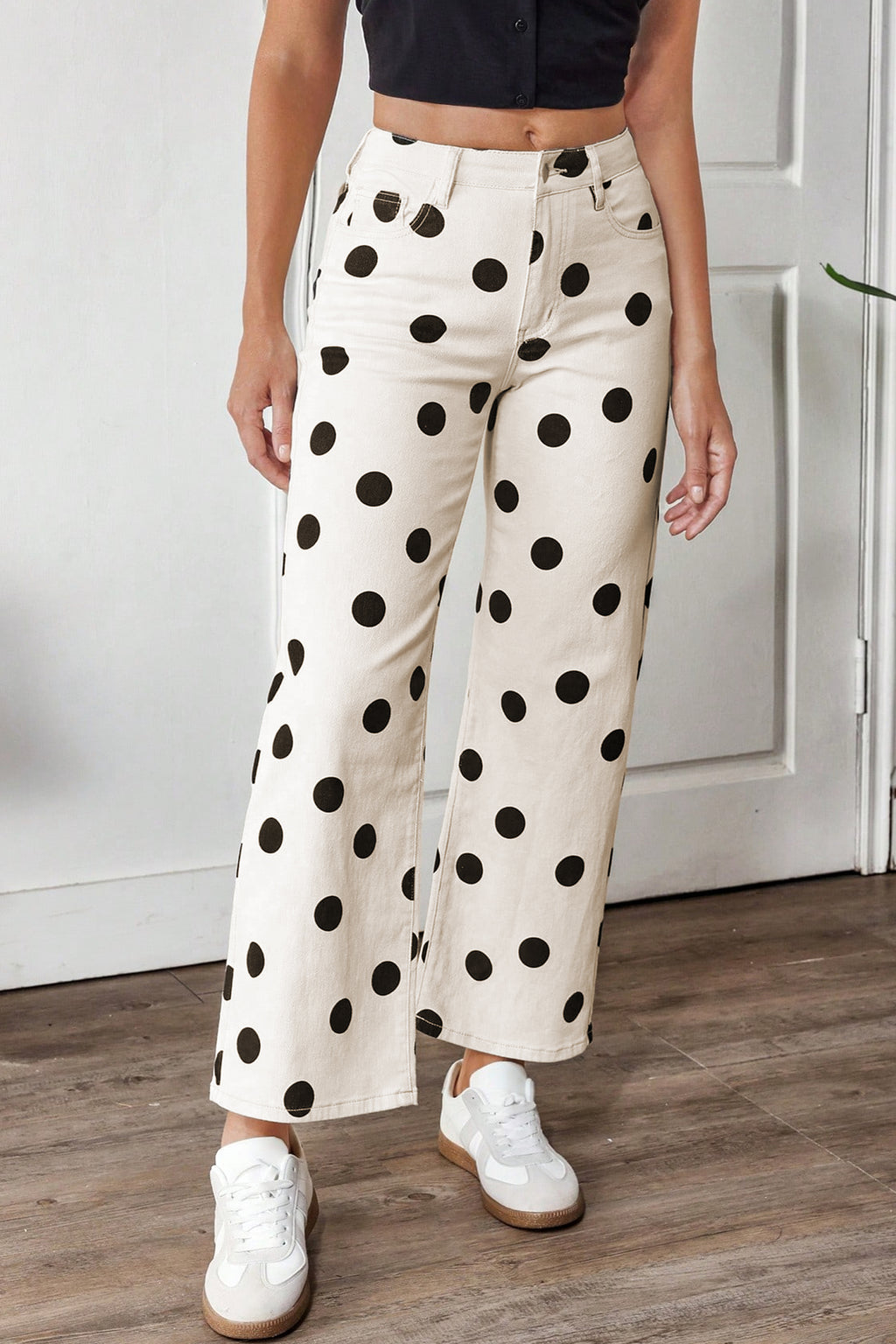 Shop White Polka Dot Wide Leg Ankle Jeans Button Zip Pocket UK 4-16 at LivelyLooks