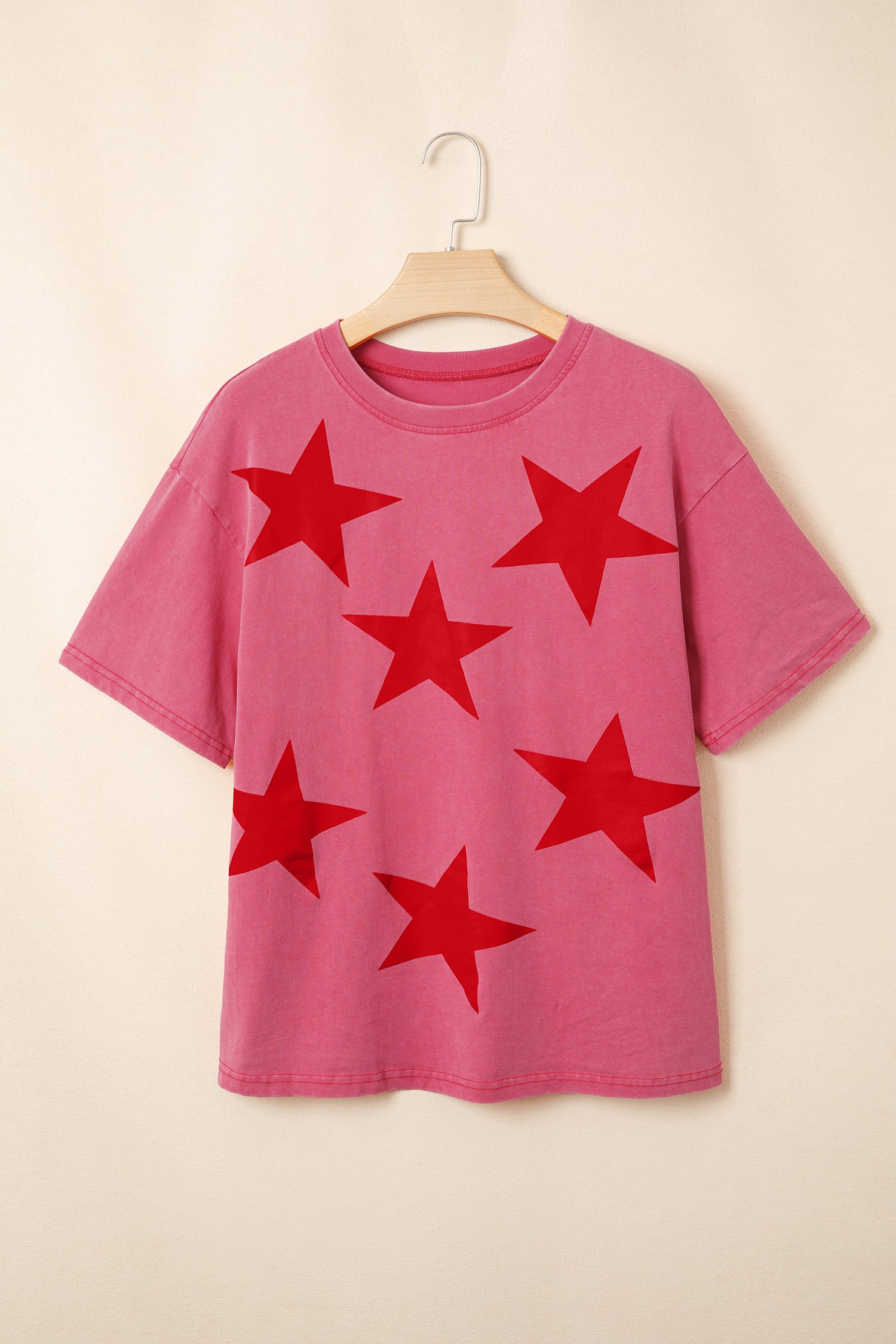 Shop Red Independence Day Star Printed Mineral Wash T Shirt at LivelyLooks