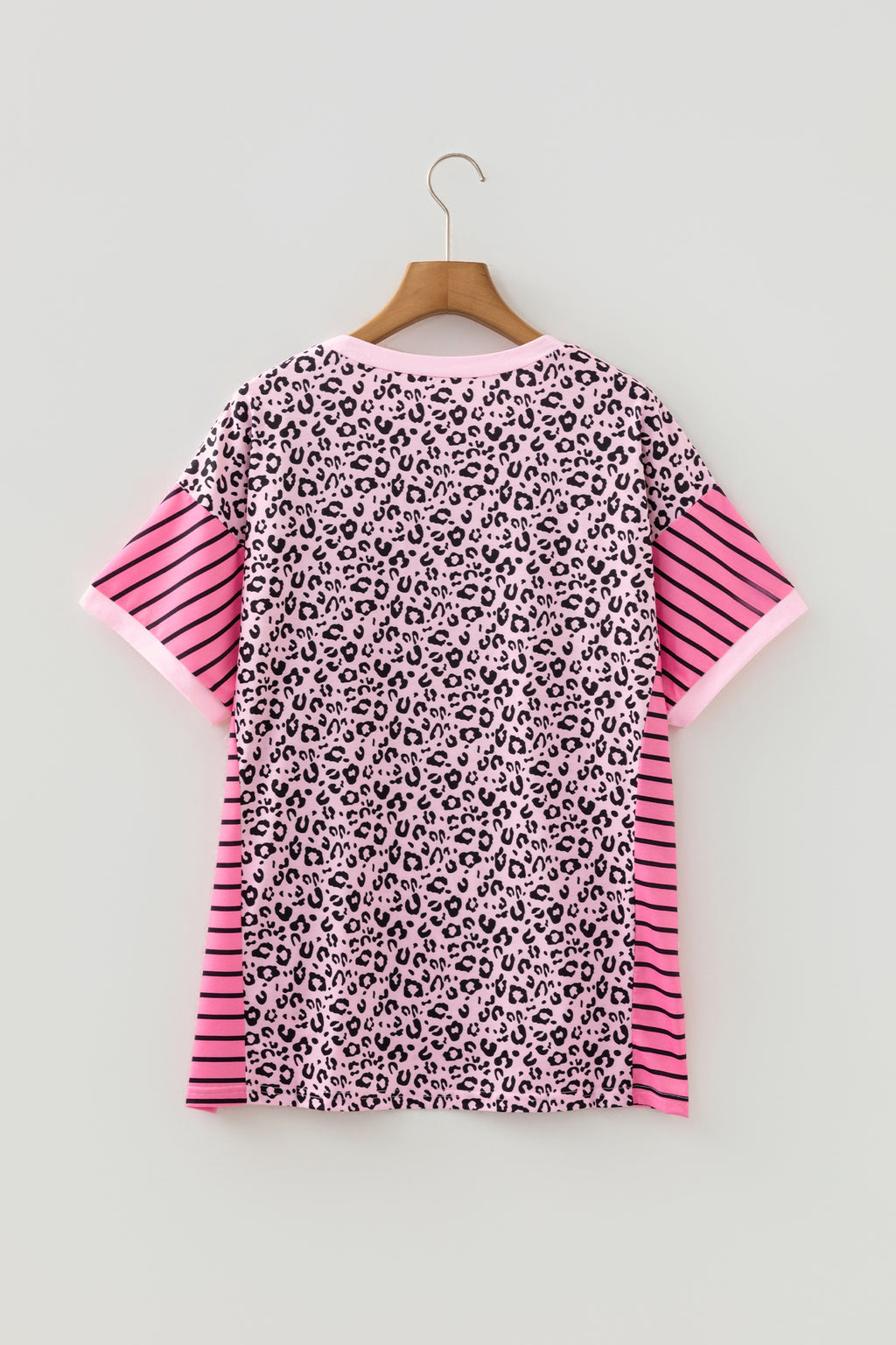 Women's Leopard Stripe Patchwork Top Side Slit Loose Short Sleeve | Pink at LivelyLooks
