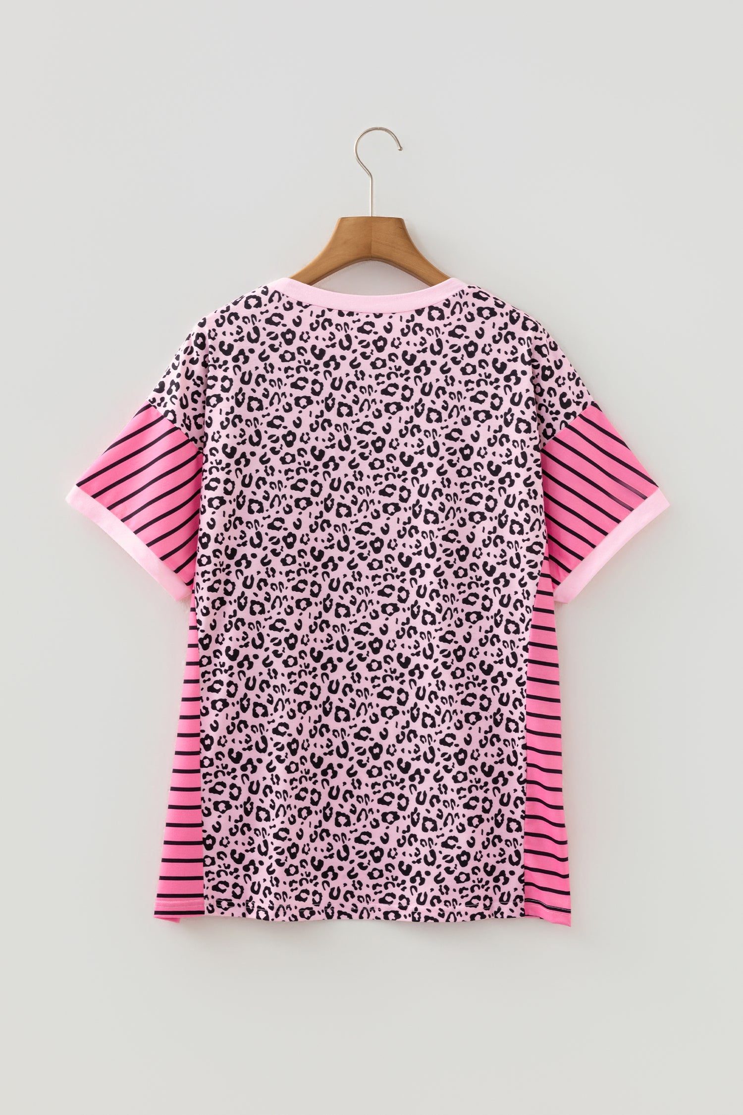 Women's Leopard Stripe Patchwork Top Side Slit Loose Short Sleeve | Pink at LivelyLooks