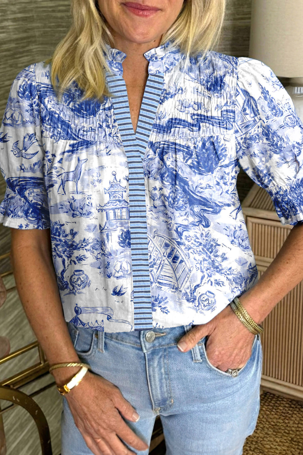 Blue Wild Animal Print Blouse Striped Detail V Neck Short Sleeve Women S-XL