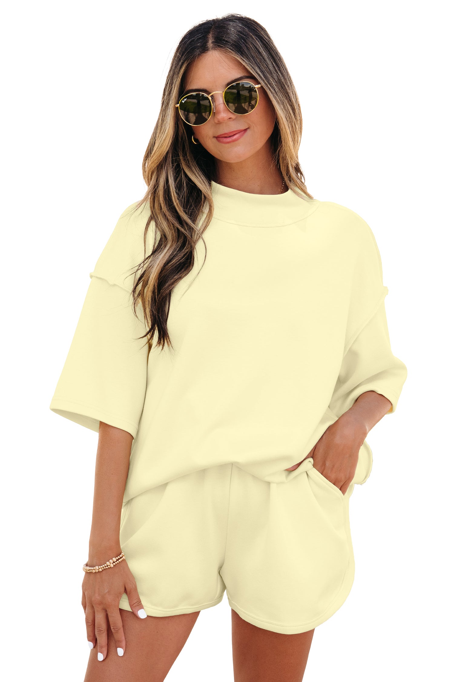 Exposed Seam Mock Neck Oversized Tee & Shorts Set – Mist Blue