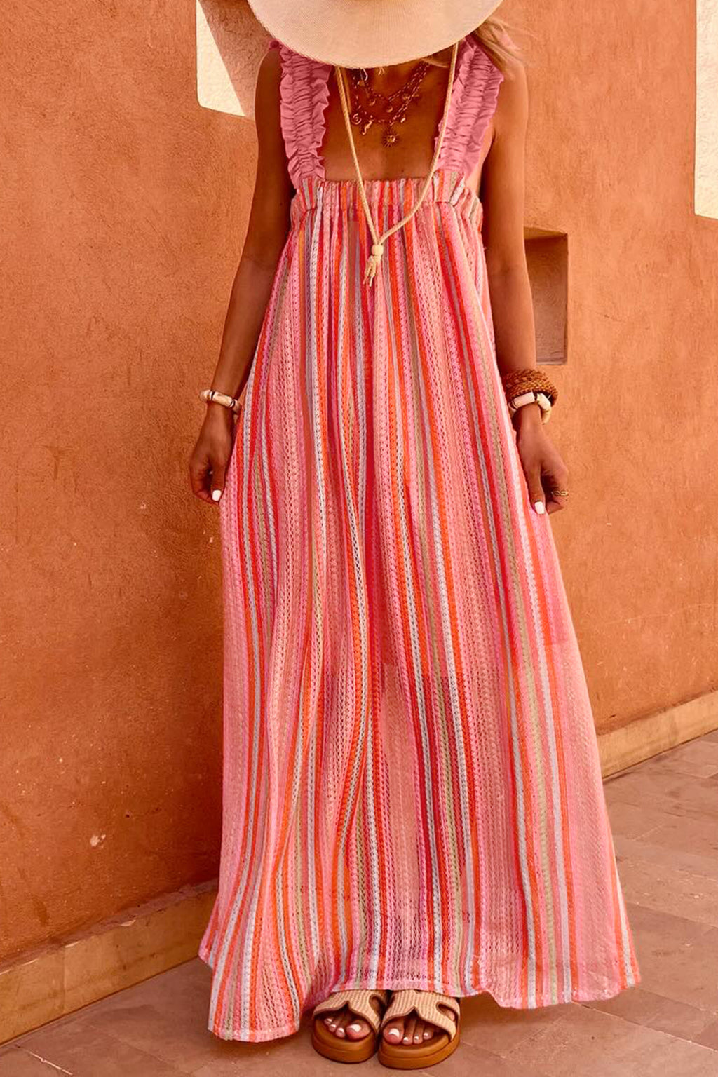LivelyLooks Pink Stripe Maxi Dress Ruffled Straps Ribbon Knot Boho S-XL women's fashion