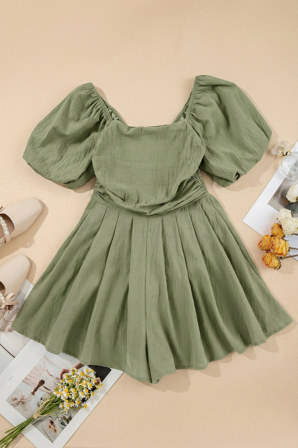 Sky Blue & Brown Square Neck Ruched Puff Sleeve Romper