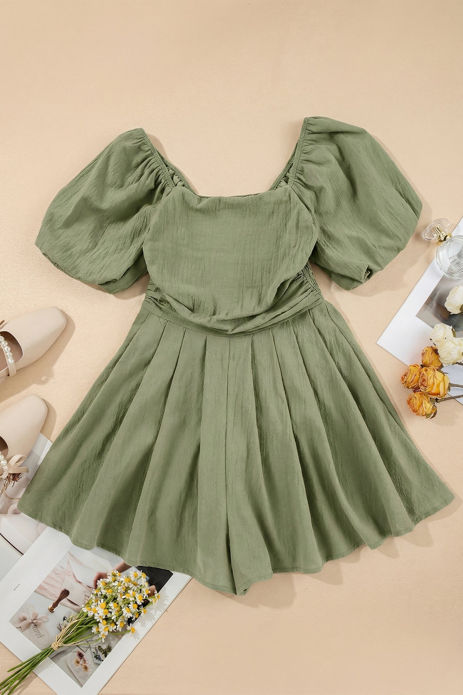 Sky Blue & Brown Square Neck Ruched Puff Sleeve Romper