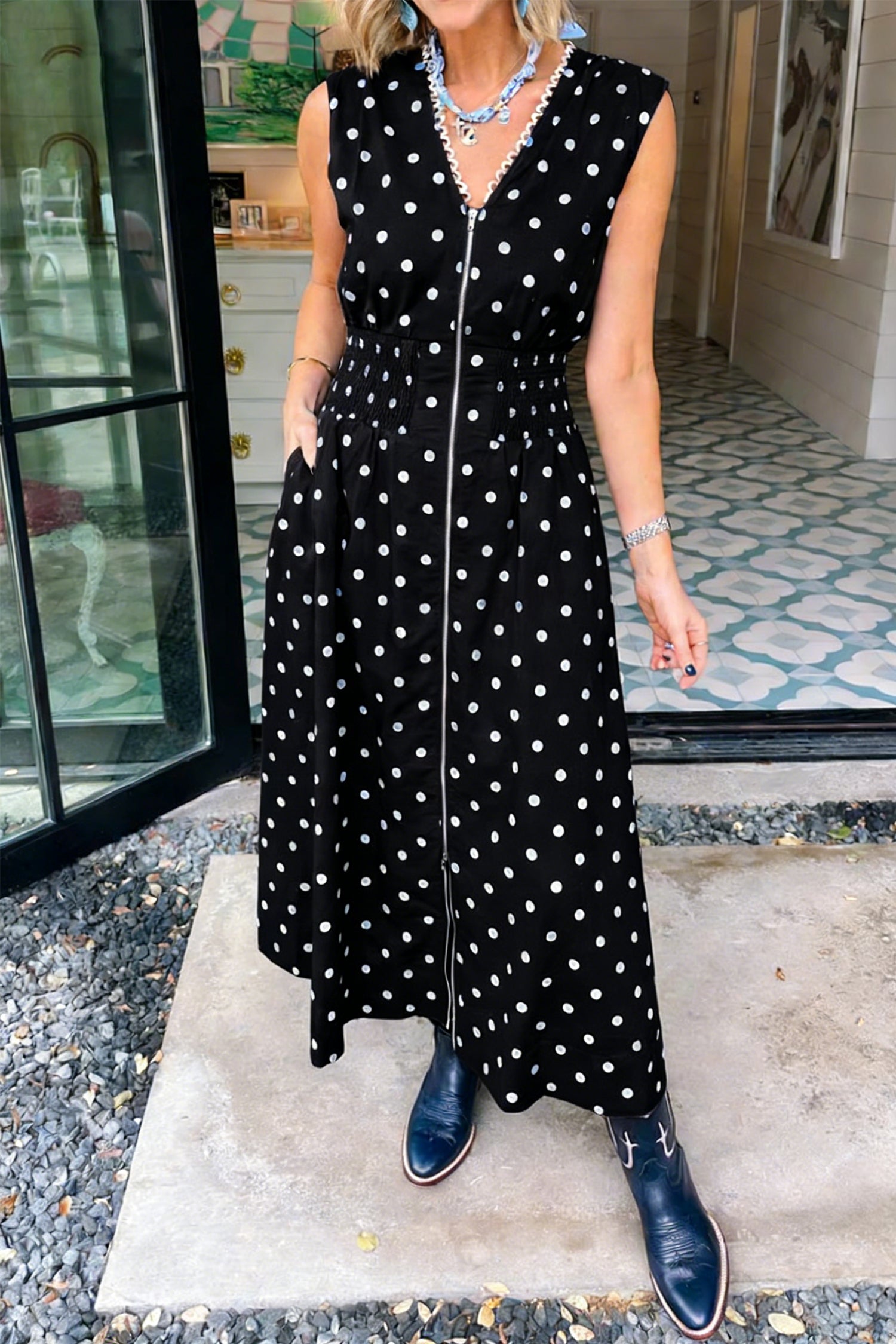 Brown & Black Polka Dot Contrast Trim V Neck Zip Up Sleeveless Dress S-XL