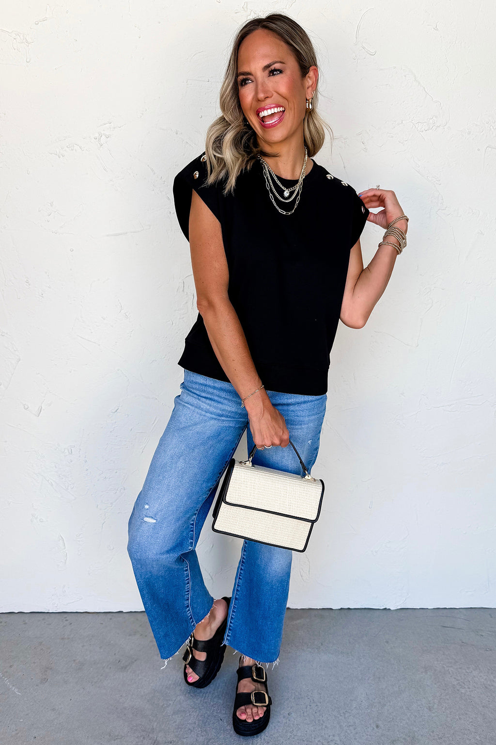 Women's Black Casual Solid Short Sleeve Top with Metal Button Details at LivelyLooks