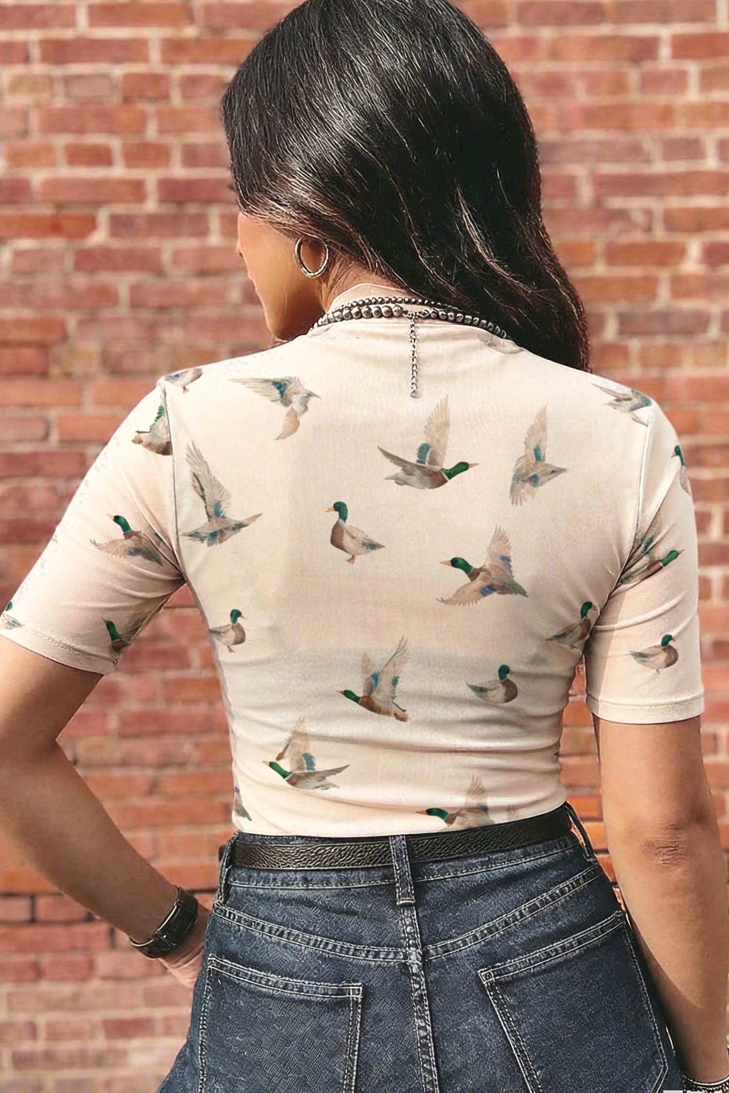 Beige Mallard Print Sheer Mesh Top Short Sleeve Women S-XL