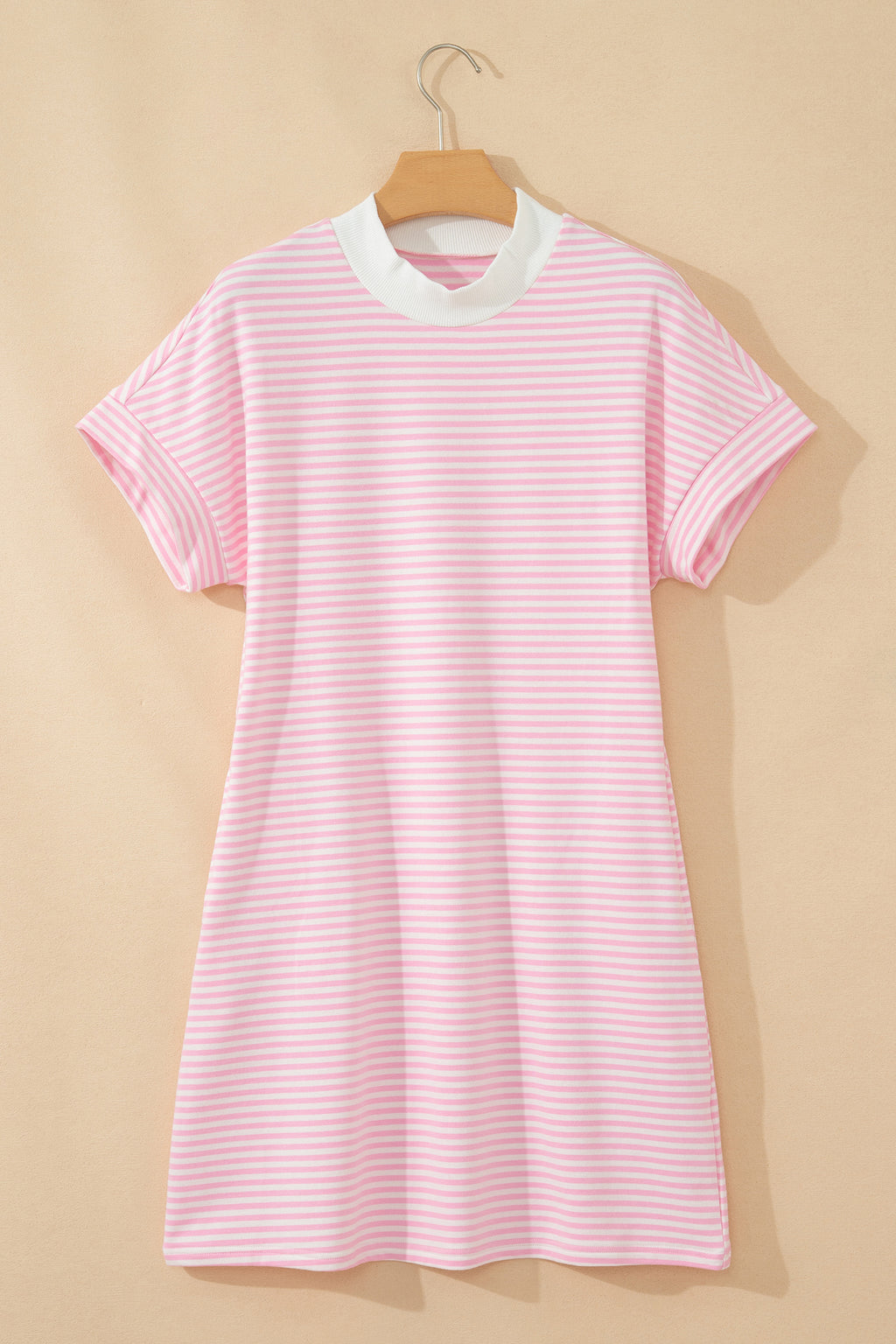 Pink Stripe Cuffed Short Sleeve Contrast Mock Neck Tee Dress S-XL