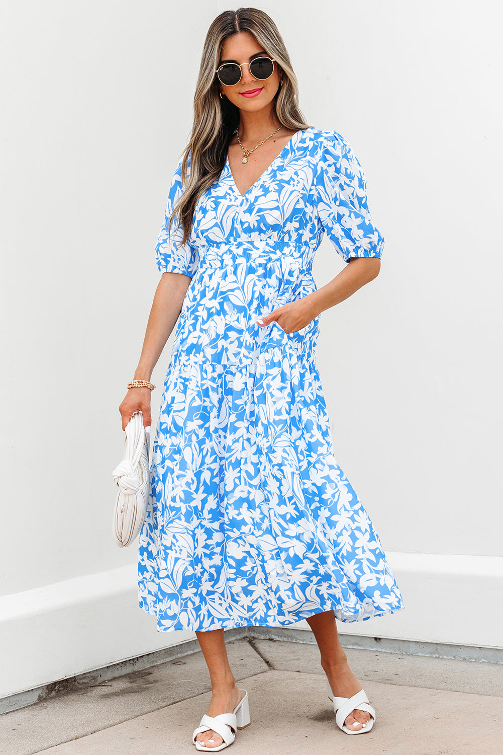 LivelyLooks Blue Floral V-Neck Puff Sleeve Fit & Flare Maxi Dress women's fashion