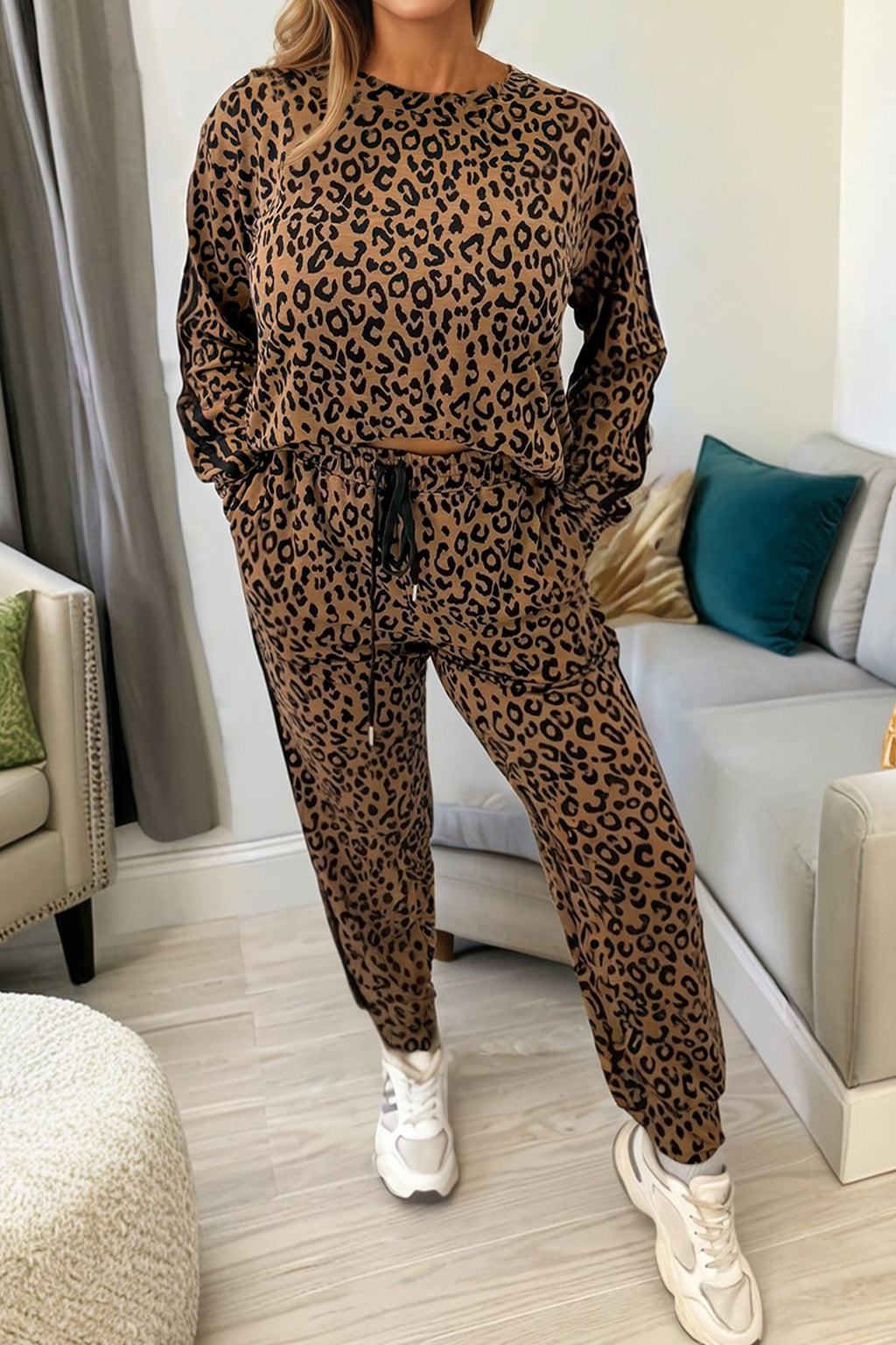 Brown Varsity Stripe Leopard Print Long Sleeve Top & Drawstring Trouser Set