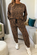 Brown Varsity Stripe Leopard Print Long Sleeve Top & Drawstring Trouser Set
