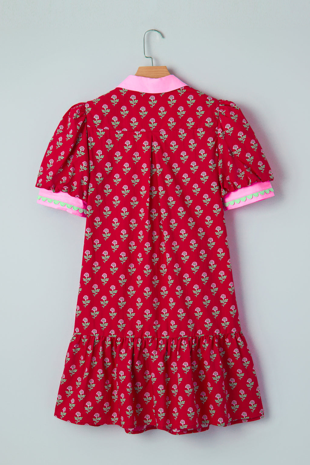 Red Floral Print Mini Dress Contrast V Neck Short Bubble Sleeve Women S-XL