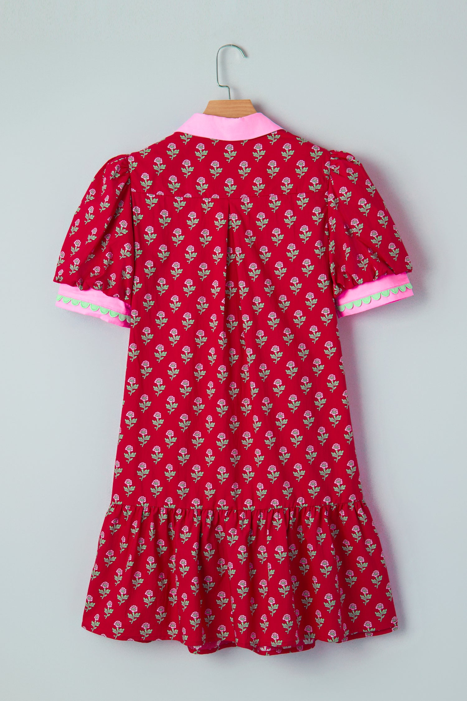 Red Floral Print Mini Dress Contrast V Neck Short Bubble Sleeve Women S-XL
