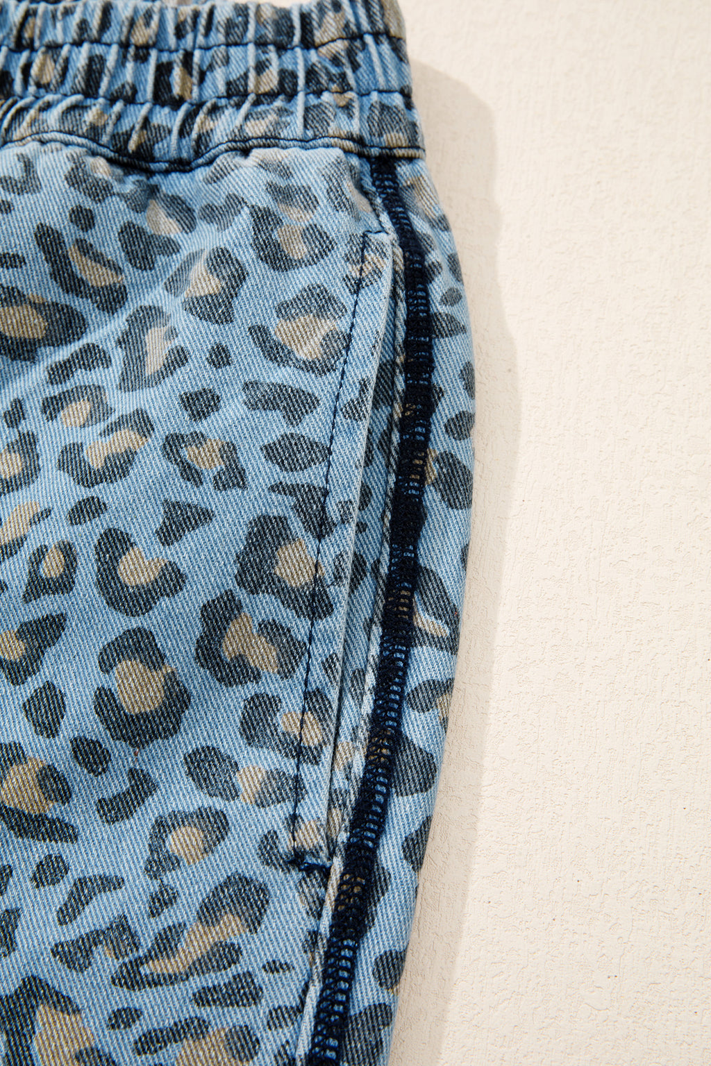 Shop Blue Leopard Print Exposed Seam Wide Leg Drawstring Jeans UK 8-20 at LivelyLooks