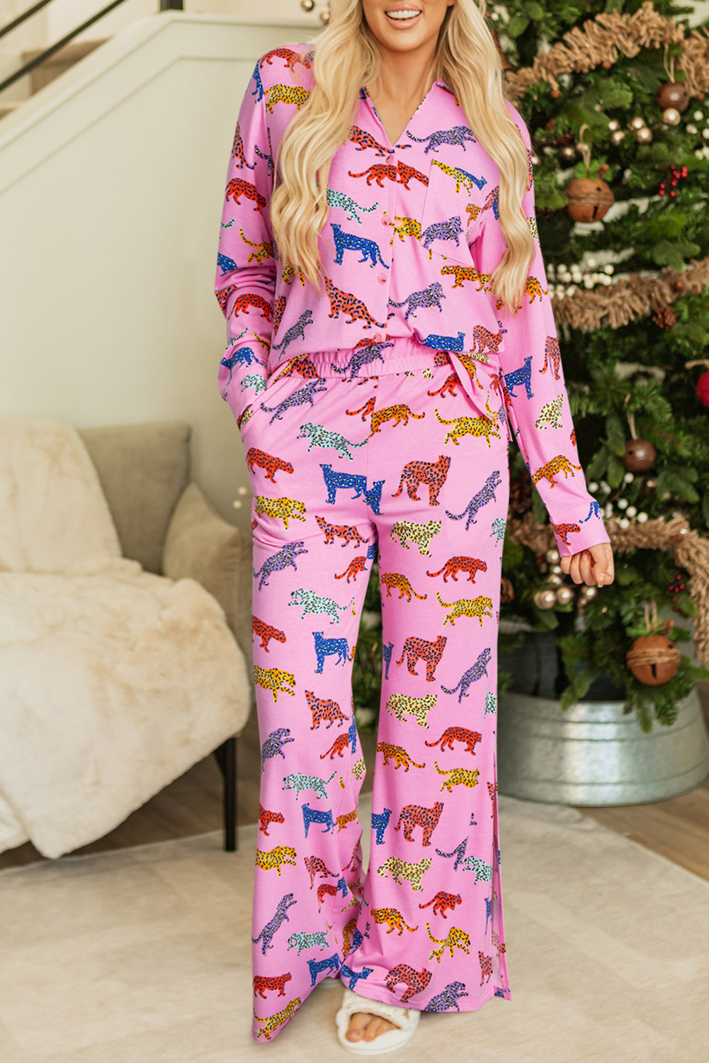 Pink Cheetah Print Pyjama Set | Shirt & Wide Leg Trousers