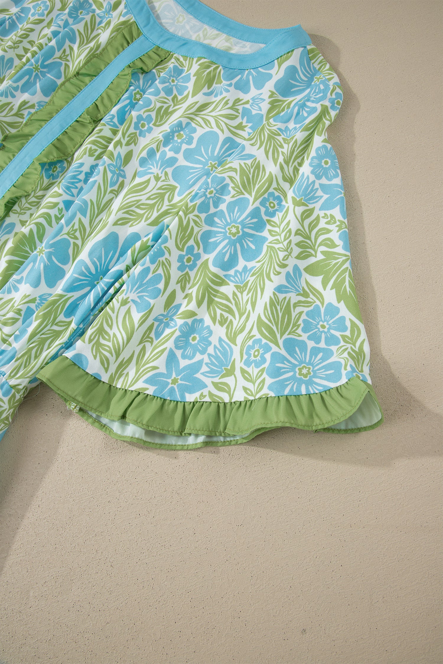 Sky Blue Floral High Waist Ruffle Short Sleeve Mini Dress S-XL