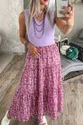 Purple Ribbed V Neck Tank Floral Contrast Patchwork Long Dress S-XL