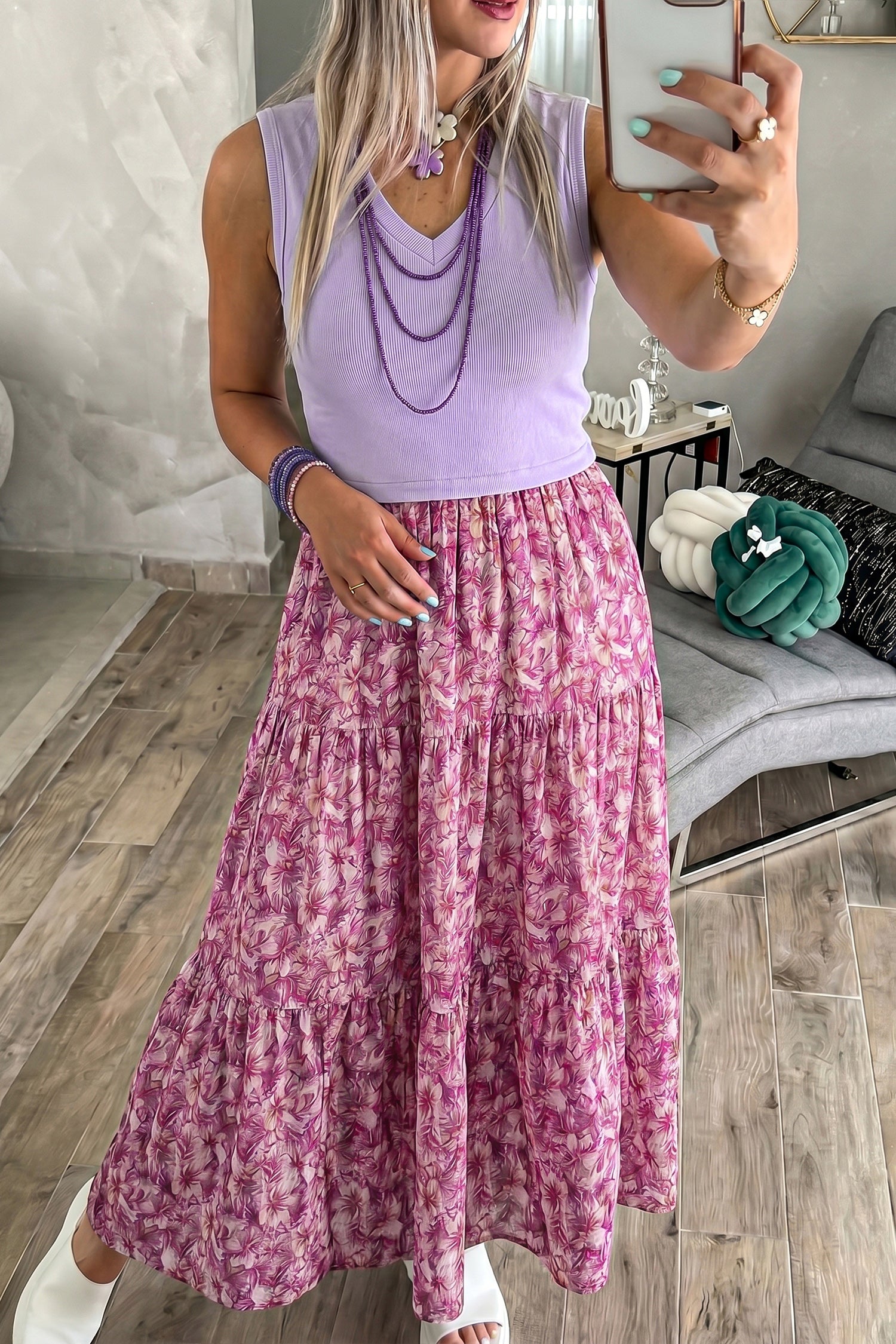 Purple Ribbed V Neck Tank Floral Contrast Patchwork Long Dress S-XL