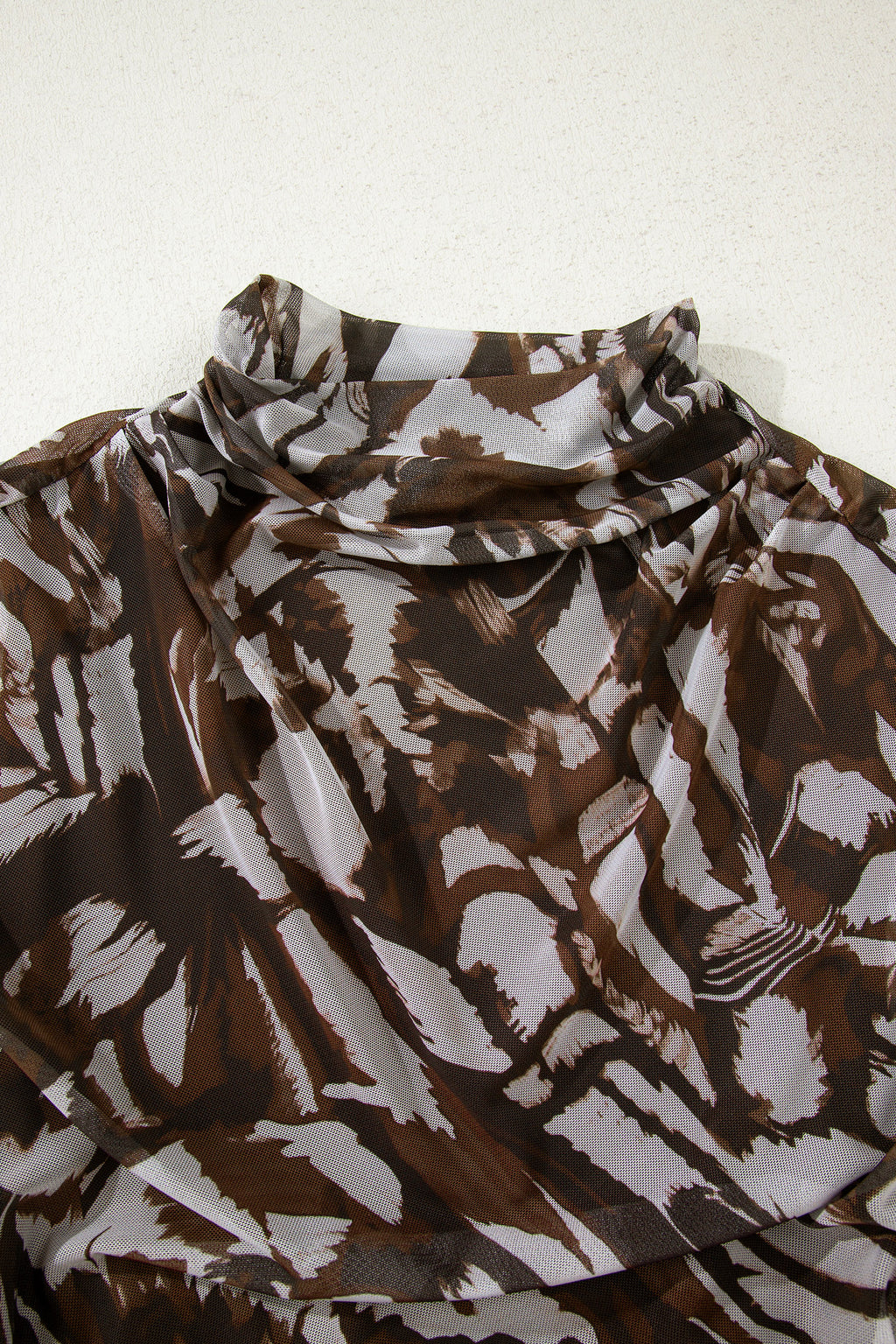 Brown Abstract Print Mesh Cowl Neck Ruched Midi Dress with Slit S-XL