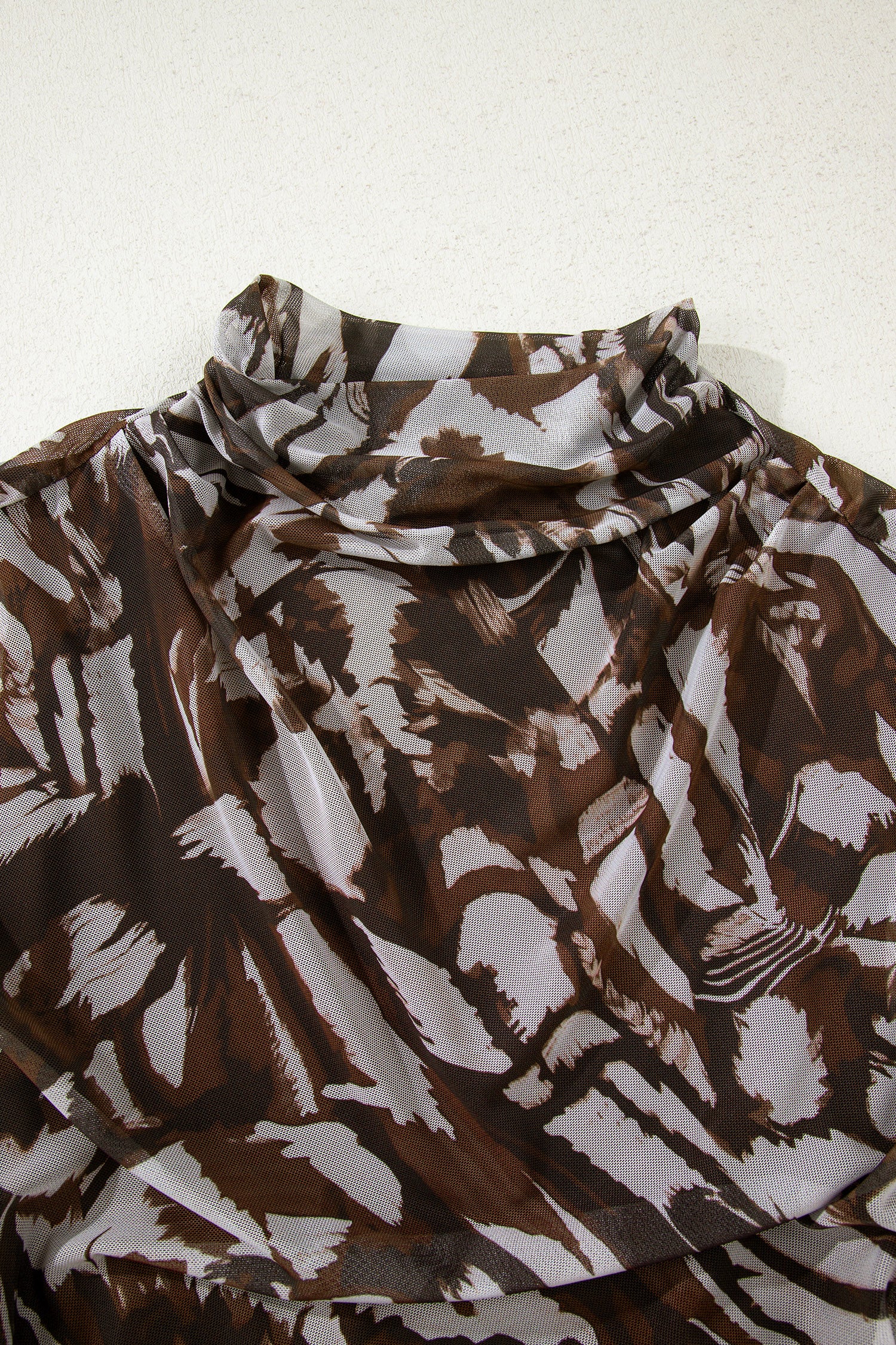 Brown Abstract Print Mesh Cowl Neck Ruched Midi Dress with Slit S-XL